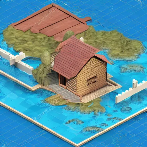 Image similar to isometric photoreal cabin in the woods in the middle of tge ocean, dnd 3 d map