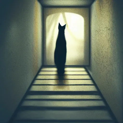 Image similar to a full-body shot of a black void cat with golden glowing eyes at the end of a scary hallway, fairytale, nightmare, hauntingly beautiful, elegant, super detailed, Octane render, reflections