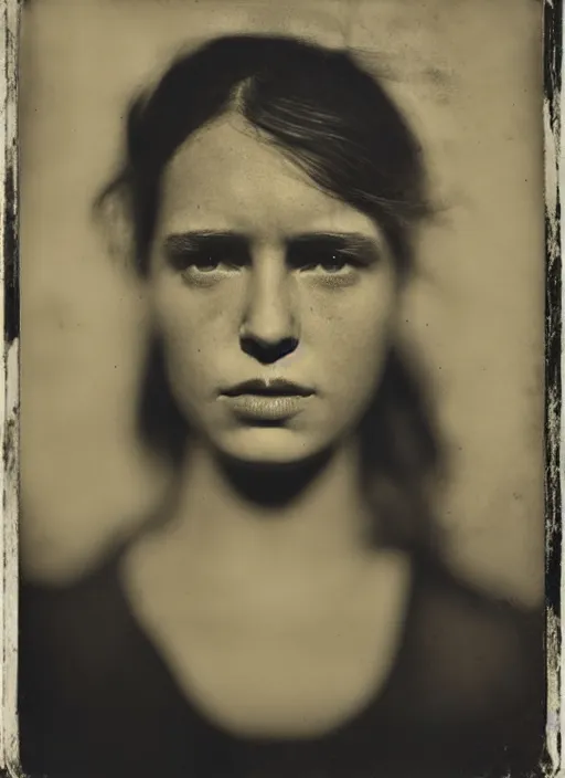 Prompt: high resolution close up portrait of a young women, photo realistic, elegant, award winning photograph, parallax, cinematic lighting, ambrotype wet plate collodion by martin shuller, richard avedon dorothe lange and and shane balkowitsch