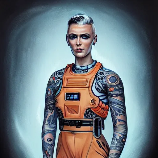 Image similar to character concept art of heroic stoic emotionless butch blond handsome woman space explorer with detailed tribal tattoos, very short slicked - back butch hair, narrow eyes, wearing atompunk jumpsuit, orange safety vest, retrofuture, highly detailed, science fiction, illustration, oil painting, realistic, lifelike, pulp sci fi, cinematic