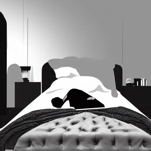 Prompt: hyper realistic photo of a room with a tall black silhouette of a person standing in front of a person sleeping in bed at a person sleeping in bed at night
