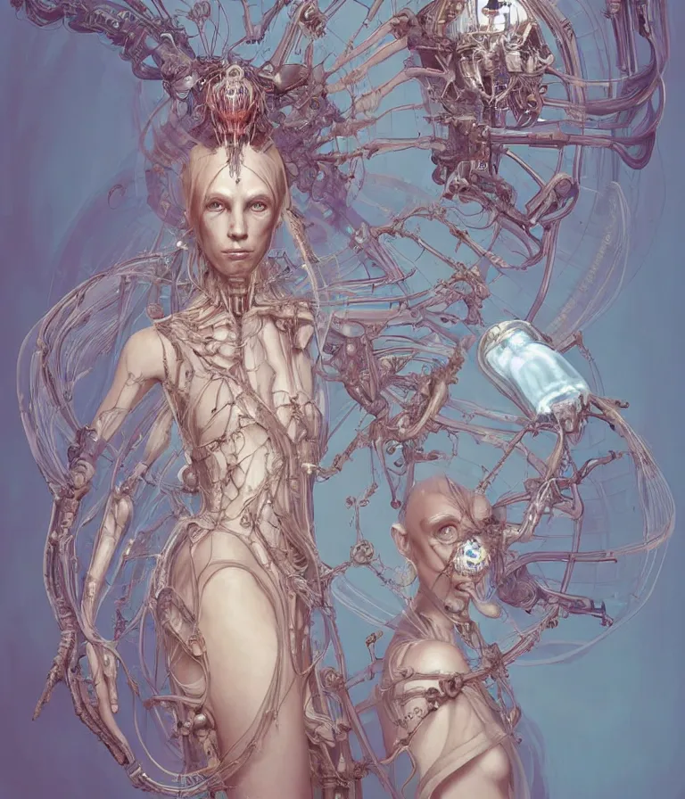 Image similar to fully symmetrical centered portrait of a beautiful princess in robe. artificial muscles, ribcage, bones, hard surface modelling. cyberpunk look. biomechanical mask. bio luminescent biomechanical halo around head. jellyfish. artwork by jarold Sng by artgerm, by Eddie Mendoza, by Peter mohrbacher by tooth wu by alfons mucha, unreal engine, octane render, cinematic light, iridescent details, iridescent colors, dichroic, macro, depth of field, blur