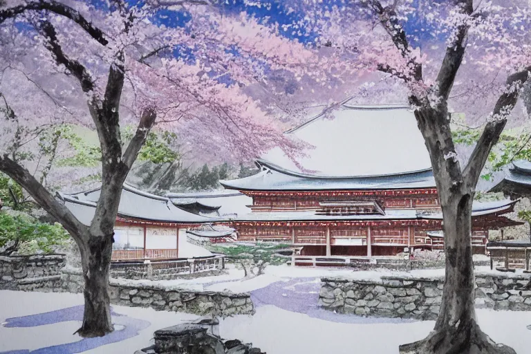 Prompt: japanese 寺 in a 雪 landscape surrounded by 桜, long shot, watercolour painting, 4k, artstation