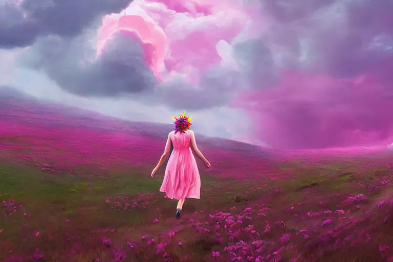 Prompt: giant dahlia flower crown under head, girl walking on mountain, surreal photography, pink storm clouds, dramatic light, impressionist painting, digital painting, artstation, simon stalenhag