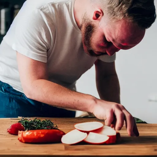 Prompt: British man chopping onions on a wooden cutting board and crying, dslr photo