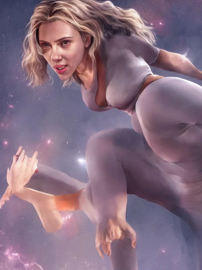 Image similar to scarlett johansson as a yoga instructor, yoga pants, decolletage, confident pose, coherent, insane detail, concept art, character concept, cinematic lighting, global illumination radiating a glowing aura