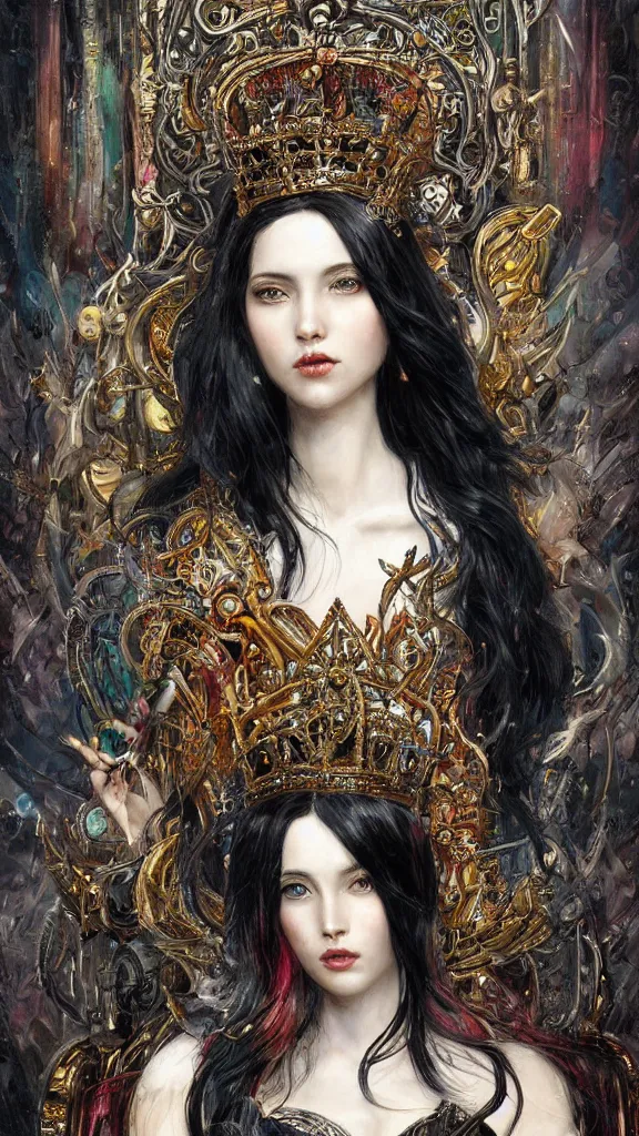 Image similar to painting of a beautiful black haired woman with pale skin and a crown on her head sitted on an intricate metal throne, illustration, artistic, colorful, hyper detailed, in the style of greg rutkowski,