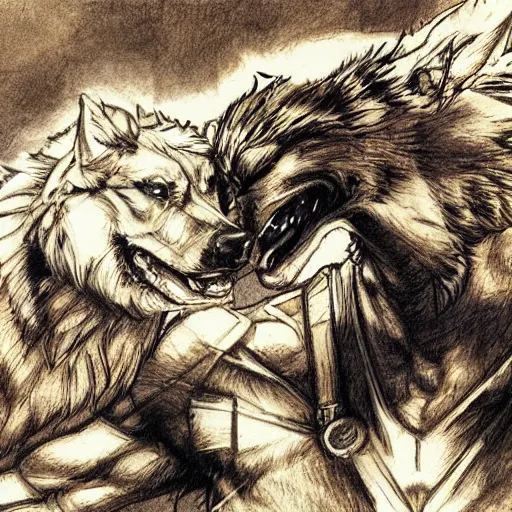 Image similar to a humanoid german shepherd beast - man wrestling with another german shepherd in the middle of an arena, pencil art, added detail, high definiton, colored, aerial viewyoji shinkawa