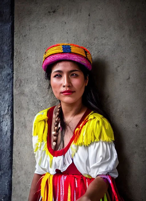 Image similar to color Mid-shot portrait of a beautiful, breathtaking 25-year-old woman from Peru, wearing a traditional outfit, candid street portrait in the style of Mario Testino award winning, Sony a7R