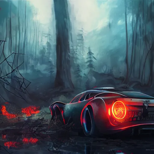 Image similar to cyberpunk car on fire in the middle of the woods, stylized, artgerm, artstation, hd, cgsociety, cgi, realistic, dramatic, cinematic, artistic, trending, detailed