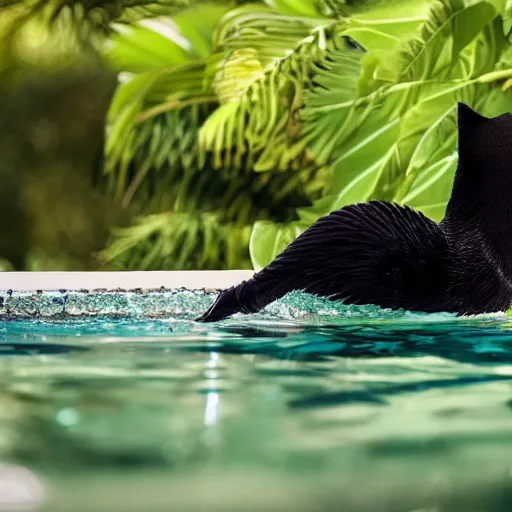 Image similar to a kiwi bird swimming in a pool together with a black cat, high quality