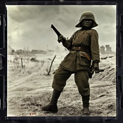 Image similar to Yoda as a Russian soldier in WW2, Battle of Stalingrad 1943, 4K, 30mm film stock, high detail, historical