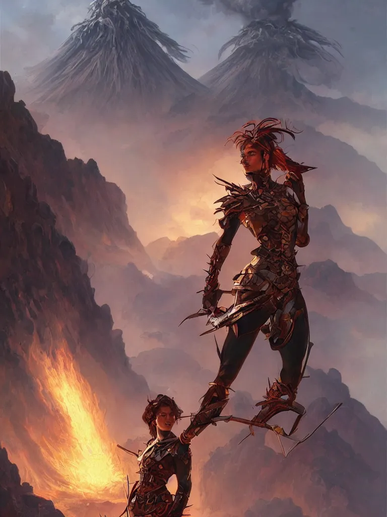 Image similar to An epic fantasy portrait painting of a spider-legged warrior woman with hair spikes standing in front of a volcano eruption, illustration, detailed, award-winning, trending on artstation, by artgerm and Greg Rutkowski and Alphonse Mucha