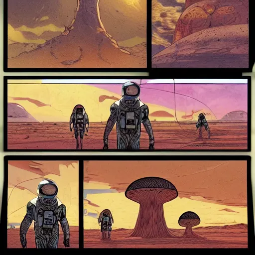 Prompt: an alien being shooting with a laser pistol at a human astronaut, a desert with giant mushrooms on the bakground , wide angle, view from above, vibrant colours, intricate details, perfect anatomy, graphic novel, < , dark moebius ghibli fantasy adventure comic panels by brian wood and Riccardo Burchielli, 4K detailed post processing