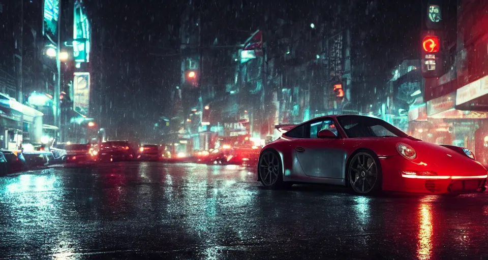 Prompt: close up macro shot of a porsche 9 1 1 car on wet city street at night, intricate, hyper detailed, smooth, high contrast, neon, volumetric lighting, octane, moebius, greg rutkowski, blade runner, ripley scott, cindmatic