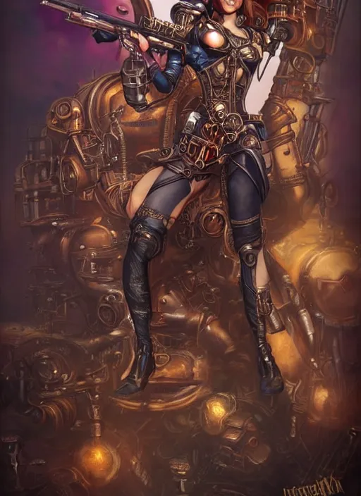 Image similar to front portrait of attractive Lady Mechanika holding a shotgun with both hands, Intrincate background with steampunk imagery , D&D!, fantasy style, sharp focus!, ultra detailed, art by Artgerm and Peter Andrew Jones, WLUP