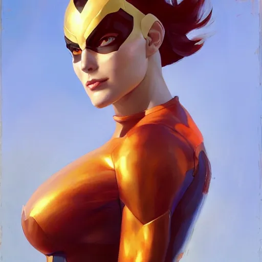 Image similar to Greg Manchess portrait painting of Jean Grey as Overwatch character, medium shot, asymmetrical, profile picture, Organic Painting, sunny day, Matte Painting, bold shapes, hard edges, street art, trending on artstation, by Huang Guangjian and Gil Elvgren and Sachin Teng
