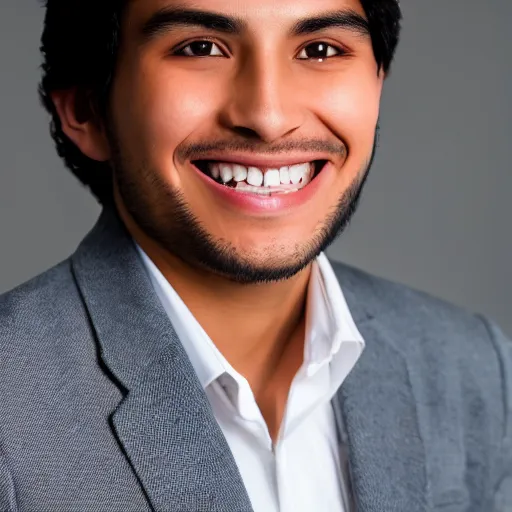 Prompt: professional headshot of handsome young Peruvian man smiling photorealistic, white background