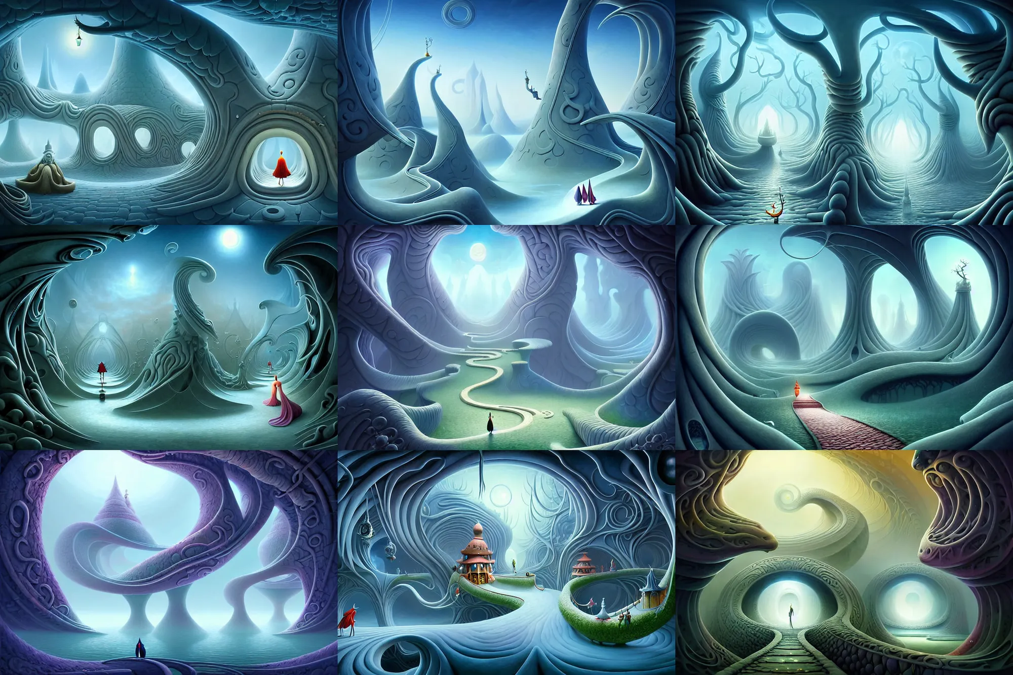 Prompt: a whimsical elite masterpiece mysterious science fantasy matte painting of a winding path through arctic dream worlds with surreal architecture designed by heironymous bosch, structures inspired by heironymous bosch's garden of earthly delights, surreal ice interiors by cyril rolando and natalie shau, insanely detailed and intricate, elegant, sense of awe