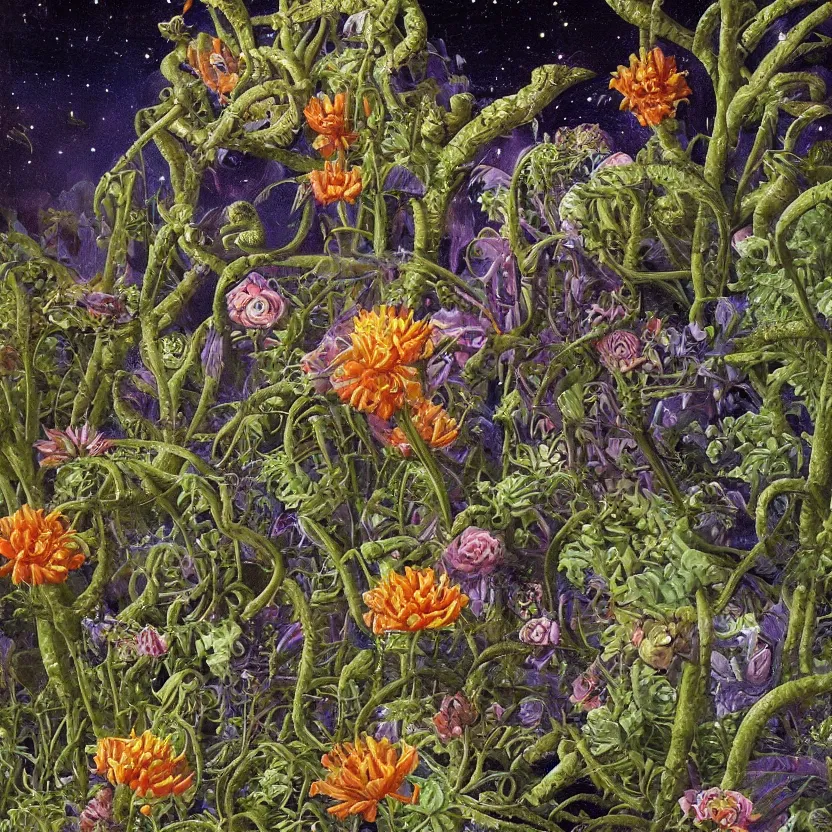 Prompt: close - up of alien plants and flowers in a garden at night. decorated with foliage, faberge, and filigree. pulp sci - fi art for omni magazine. cosmic. baroque period, oil on canvas. renaissance masterpiece, by r. s. connett