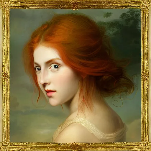 Prompt: sharp, intricate fine details, breathtaking, digital art portrait of a red haired girl with long hair and green eyes softly smiling, in a dreamy, mesmerizing scenery with fireflies, art by elisabeth vigee le brun