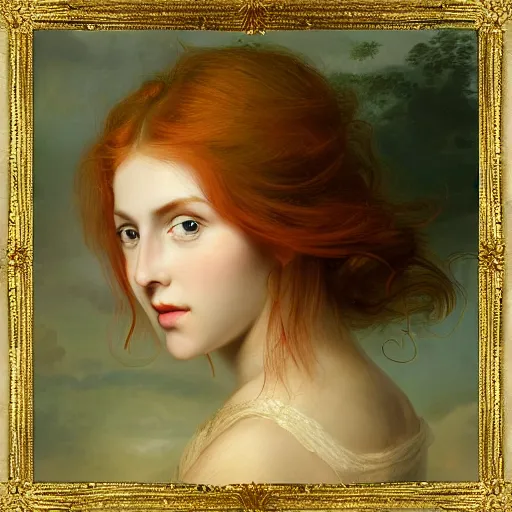 Image similar to sharp, intricate fine details, breathtaking, digital art portrait of a red haired girl with long hair and green eyes softly smiling, in a dreamy, mesmerizing scenery with fireflies, art by elisabeth vigee le brun