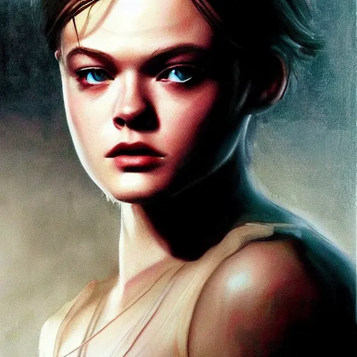 Prompt: ultra realistic portrait painting of elle fanning in resident evil 2 0 0 2, art by frank frazetta, 4 k, ultra realistic, highly detailed, epic lighting