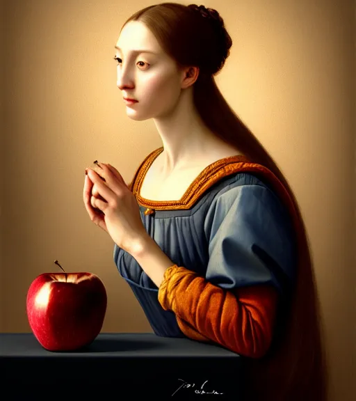 Image similar to portrait of a woman and an apple sitting upon a table with heightened detail, poised, intense emotion, detailed facial expression, detailed surroundings, intricate, elegant, highly detailed, centered, digital painting, artstation, concept art, smooth, sharp focus, illustration, by ( leonardo da vinci ), wlop