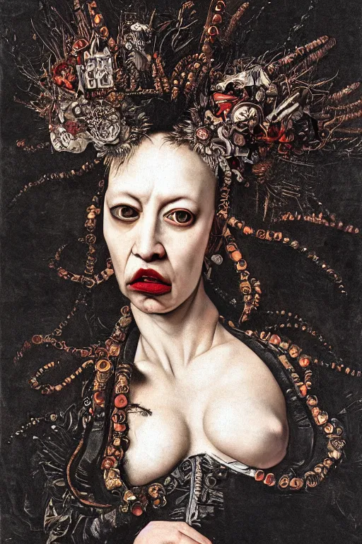 Image similar to Detailed maximalist portrait with large lips and with large eyes, angry, exasperated expression, HD mixed media, 3D collage, highly detailed and intricate illustration in the style of Caravaggio, dark art, baroque