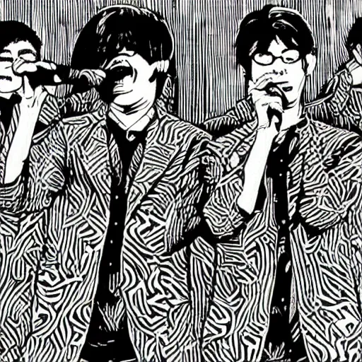 Image similar to a linocut engraving of yellow magic orchestra playing a concert