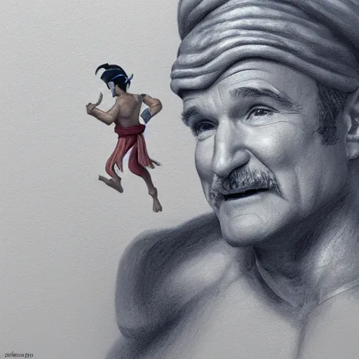 Image similar to pencil illustration of Robin Williams and the Genie from Aladdin trending on art station Greg rutkowski cinematic