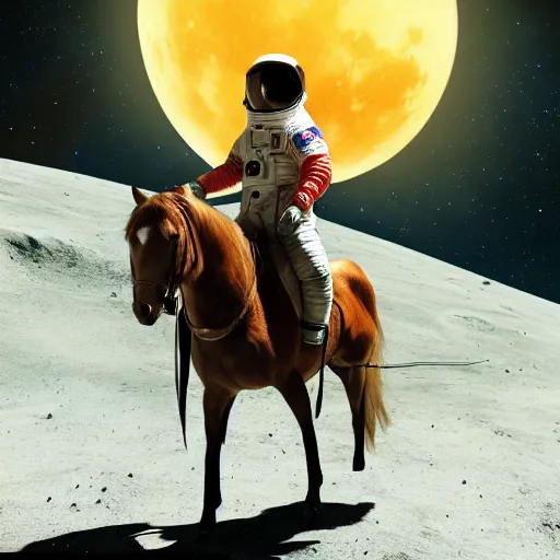 Image similar to professional photo of astronaut riding a horse on the moon, hyperrealistic masterpiece, trending on artstation, cgsociety, kodakchrome, golden ratio, cinematic, composition, beautiful lighting, hyper detailed, sharp focus, octane render, 4 k, unreal engine