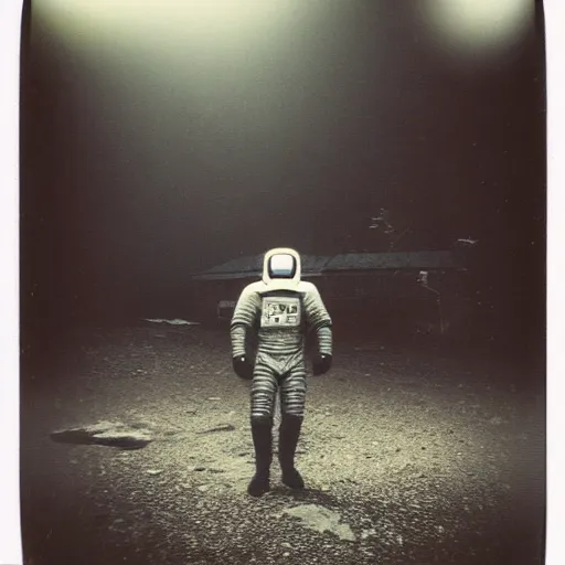 Image similar to polaroid photo of humanoid in spacesuit, abandoned mansion in the background, dark, moody, foggy