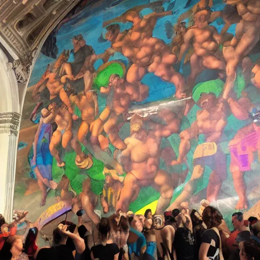 Image similar to a michelangelo mural of rave party