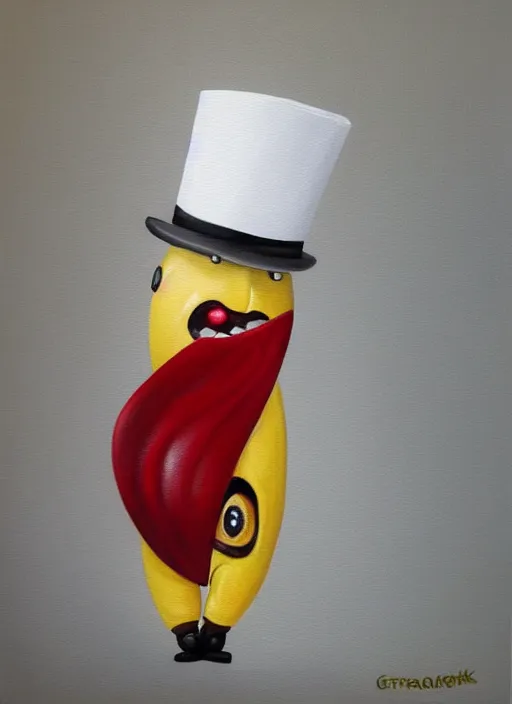 Image similar to hyper realistic painting of an anthropomorphic banana with bloodshot eyes; wearing a white shirt and white top hat; painted by Greg Rukowtski