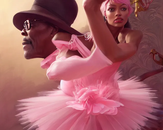 Image similar to photography of samuel l jackson in a pink ballerina outfit, fulll body shot, deep focus, d & d and mtg, fantasy, intricate, elegant, highly detailed, digital painting, artstation, concept art, matte, sharp focus, illustration, hearthstone, art by artgerm and greg rutkowski and alphonse mucha