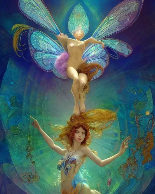Prompt: a beautiful fairy in a morning dreamland, coherent design, symmetrical, vivid color, complementary color, golden ratio, detailed, sharp lines, intricate, rainbowshift, by james gurney, by brian froud, by peter mohrbacher, by alphonse mucha, by maxfield parrish, by karol bak, waterhouse, deviantart, octane render
