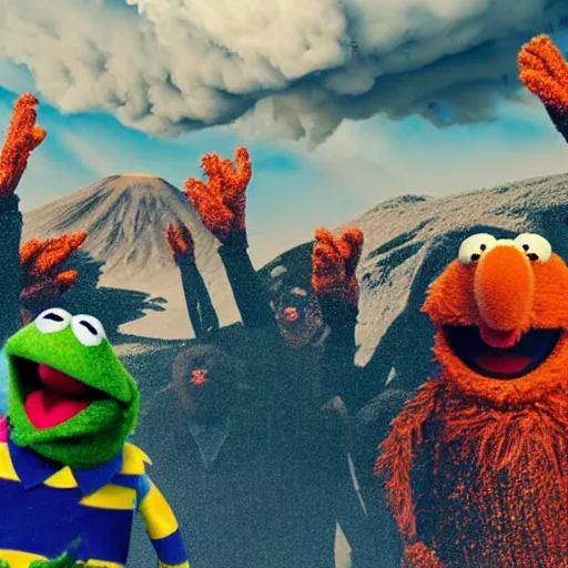 Prompt: a group of muppets are screaming in front of a erupting vulcano, 4 k, detailed