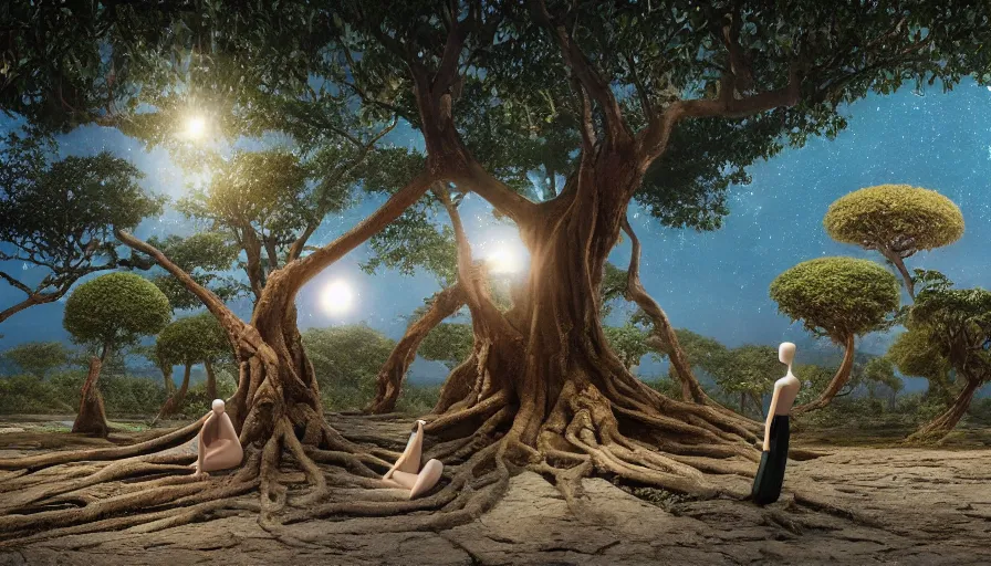 Image similar to very very small mannequin robot, sitting on a gigantic banyan tree in moonlit socotra island by ilya kuvshinov, starry night, rtx rendering, octane render 1 2 8 k, maya, extreme high intricate details by tom bagshaw, medium shot, close up shot, composition by sana takeda, lighting by greg rutkowski