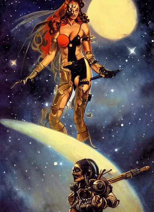 Image similar to portrait of female space pirate, night sky background, beautiful! coherent! by brom, by frank frazetta, deep color, strong line, high contrast