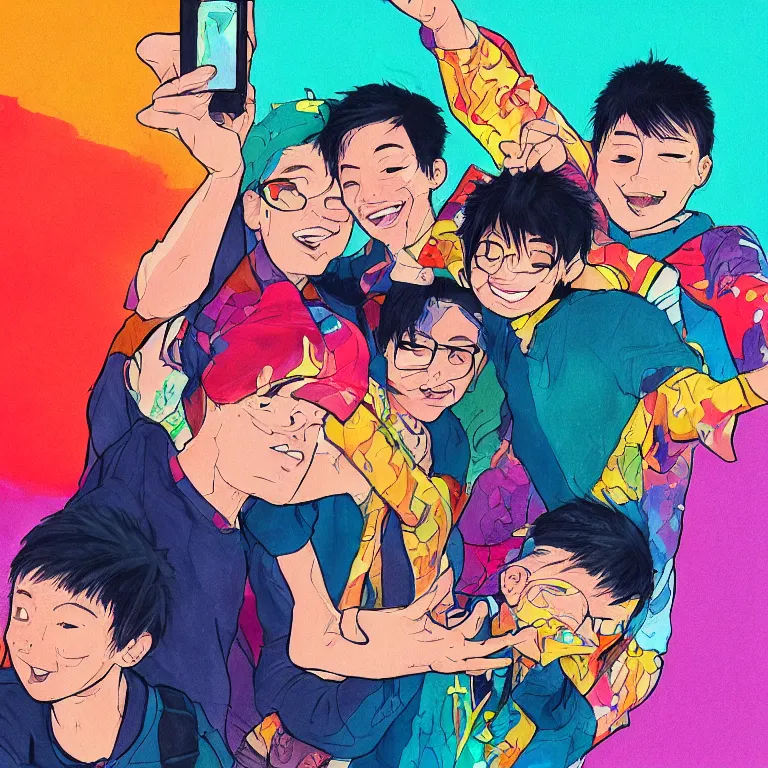 Prompt: a detailed colorful illustration of three ( b boys ) posing for a selfie by timothy kong and mitsumayo, trending on artstation