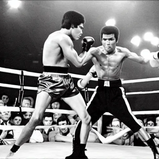 Image similar to bruce lee vs muhammad ali, arena fight, boxing ring