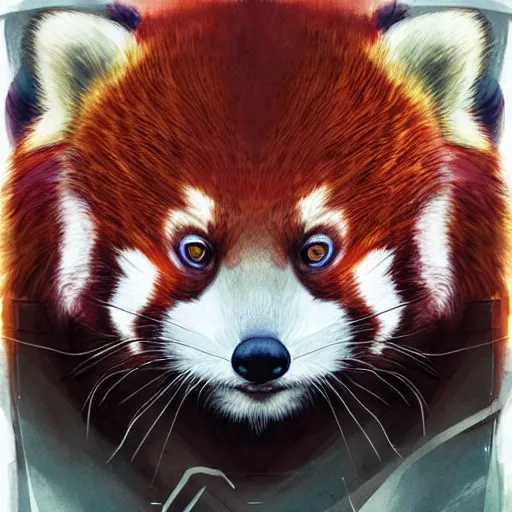 Image similar to red panda as it specialist, digital illustration portrait design, by android jones and greg rutkowski, retrowave color scheme, detailed, cinematic lighting, wide angle action dynamic portrait