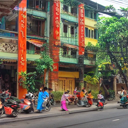 Image similar to ho chi minh city bui vien street, rococo art style, animals and birds, highly detailed