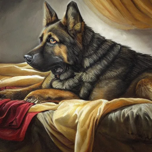 Image similar to a oil painting of a humanoid german shepherd beast - man, wearing military outfit, lying on a humble unmade bed wrinkled bed sheets