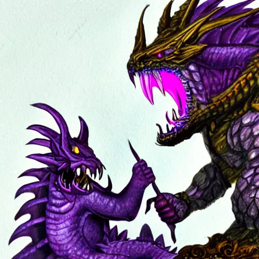 Image similar to purple dragon tames a gnome, fantasy illustration