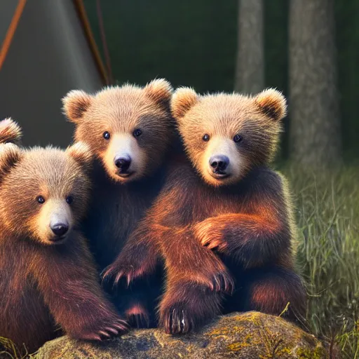 Prompt: a very very beautiful closeup picture of three cute bear cubs with very happy faces sitting inside a tent in the woods, sunset, vivid colors, soft lighting, atmospheric, cinematic, moody, trending on artstation, oil on canvas, 8K