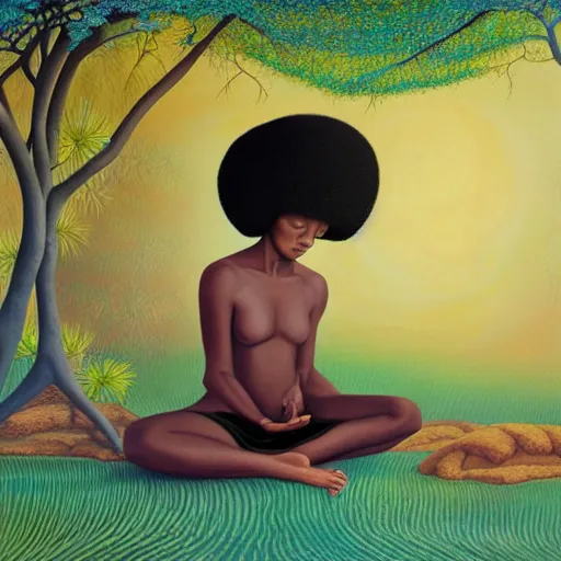 Image similar to a black girl with afro puffs meditating in an african zen garden with an acacia tree by amanda sage, oil on canvas