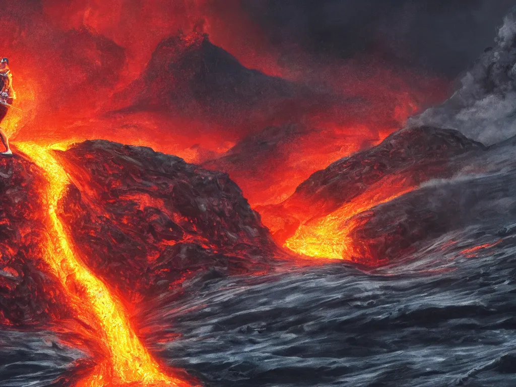 Prompt: detailed portrait of an arnold schwarzenegger surfing on lava, volcano eruption on the background, stunning scene, 8 k, digital painting, hyperrealism, vivid colors, trending on artstation