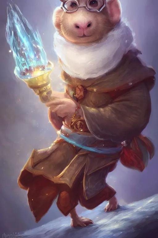 Image similar to cute little anthropomorphic Guinea Pig Mage using Ice Magic, tiny, small, short, Wizard robe, cute and adorable, pretty, beautiful, DnD character art portrait, matte fantasy painting, DeviantArt Artstation, by Jason Felix by Steve Argyle by Tyler Jacobson by Peter Mohrbacher, cinematic lighting